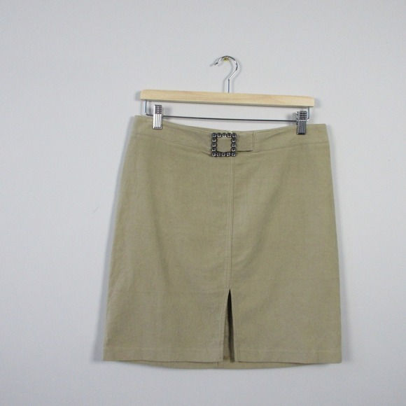 I By Como Pencil Mini Skirt 10 Beige Rhinestone Buckle Slit Y2K Brat Canada 240 - Picture 1 of 12